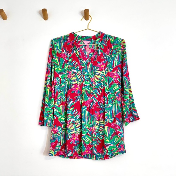 Lilly Pulitzer Tops - Lilly Pulitzer Sarasota Pintuck Tunic Blouse in Pink Jumble Tumble Size Small